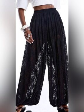 Black Sheer Lace Wide-Leg Pants for Women